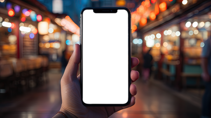 Woman's Hand holding smartphone, Mockup hand. Phone screen for Infographic Global Business website design. on blurry background