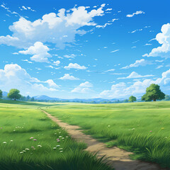beautiful summer landscape, background with trees, blue sky, with a grassy field during the day