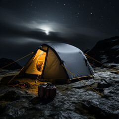 Camping tent against the backdrop of a gray rocky landscape at night