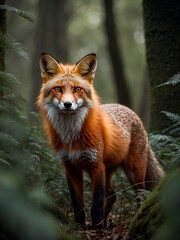 Fox walking cautiously through the forest