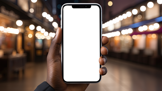 Woman's Hand holding smartphone, Mockup hand. Phone screen for Infographic Global Business website design. on blurry background