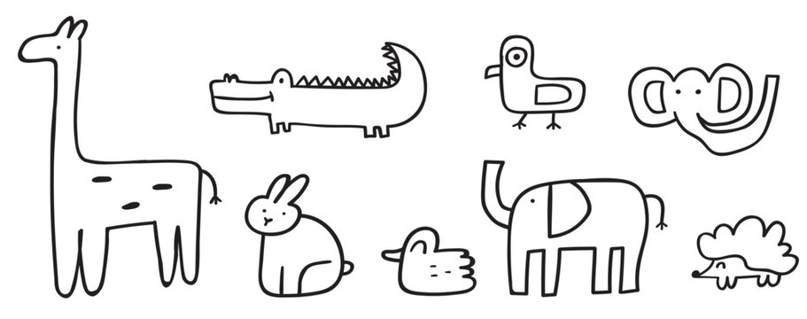 Set of cute little animals. Elephant, crocodile, giraffe, bunny, hedgehog, duck, bird. Hand drawn outline vector illustration on white background.