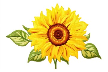 Realistic sunflower flower embroidery isolated on white background
