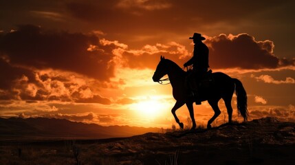 Silhouette of a cowboy with a hat on a horse at sunset
