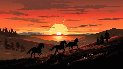 Galloping mustang horse at sunset - obrazy, fototapety, plakaty
