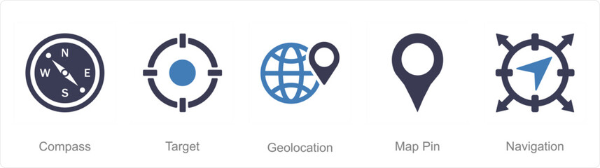A set of 5 Location icons as compass, target, geo location