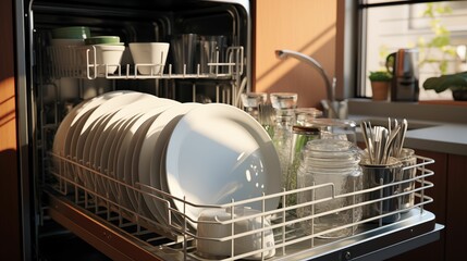 Image of a filled dishwasher with a pile of freshly cleaned dishes.