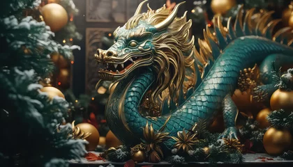 Fotobehang Green Chinese dragon on blurred festive background, new year concept © terra.incognita