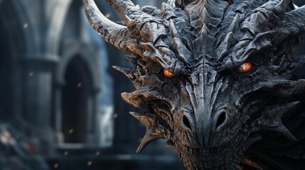 Image of a dragon's face in a medieval setting. - obrazy, fototapety, plakaty