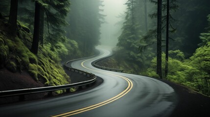 Image of a curvy road winding through a dense forest.