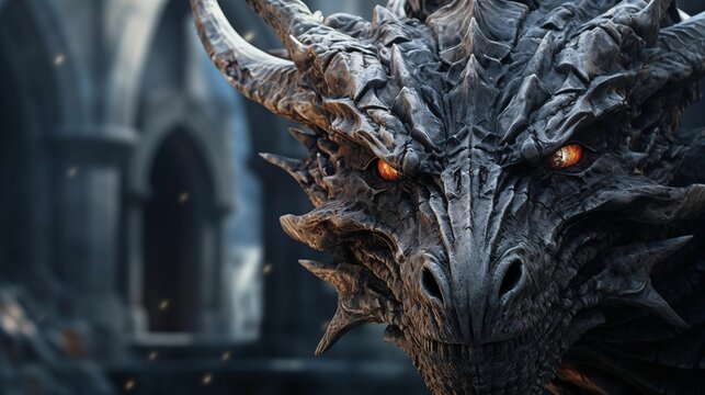 Image of a dragon's face in a medieval setting.
