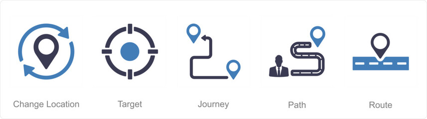 A set of 5 Location icons as change location, target, journey