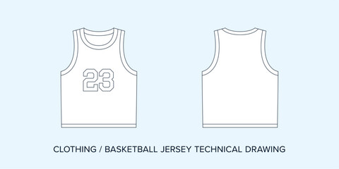 Basketball Jersey, technical drawing template, Fashion sketch illustration. Editable vector, line art. 