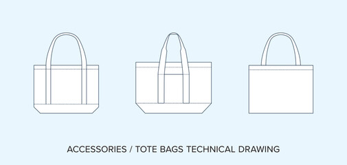 Editable Line Art Vector of Shopping Tote Bag, Isolated Background. Detailed Black & White Clothing Schematics, Two Sides of Garment, Front and Back Designs. 