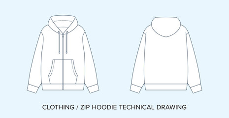 Zip Hoodie Technical Drawing, Blank Apparel Blueprint for Fashion Designers. Detailed Editable Hooded Sweatshirt Vector Illustration, Black and White Clothing Schematics, Isolated Background