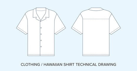 Blank Hawaiian Shirt Technical Drawing, Apparel Blueprint for Fashion Designers. Tropical Shirt Detailed Editable Vector Illustration, Black and White Clothing Schematics, Isolated Background