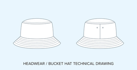 Bucket Hat Technical Drawing, Headwear Blueprint for Fashion Designers. Detailed Editable Vector Illustration, Black and White Accessories Schematics, Isolated Background. 
