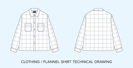 Flannel Shirt Technical Drawing, Apparel Blueprint for Fashion Designers. Vector Illustration, Black and White Plaid Clothing Schematics, Isolated Background.  - obrazy, fototapety, plakaty