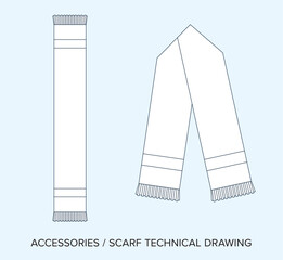 Vector Illustration of a Blank Scarf Technical Blueprint, Ideal for Fashion Designers. Detailed and Editable, Featuring Black and White Neckwear Schematics on Isolated Background.
