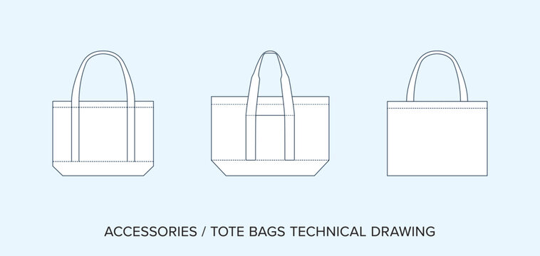 Editable Line Art Vector of Shopping Tote Bag, Isolated Background. Detailed Black & White Clothing Schematics, Two Sides of Garment, Front and Back Designs. 
