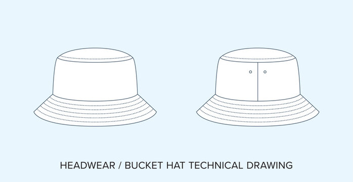 Bucket Hat Technical Drawing, Headwear Blueprint for Fashion Designers. Detailed Editable Vector Illustration, Black and White Accessories Schematics, Isolated Background. 
