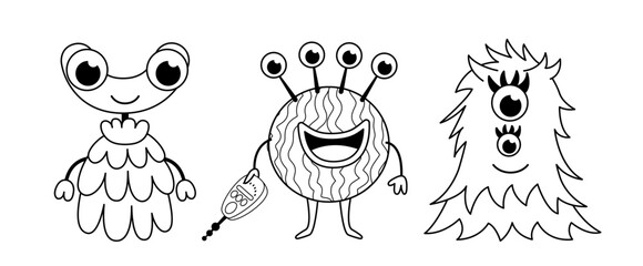 Obraz premium Space monsters and aliens. Coloring page. Black and white ufo. Vector
