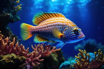  a close up of a fish in an aquarium with corals and other corals on the bottom of the water.