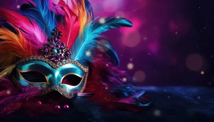 Tuinposter Mask with feathers on purple background ,concept carnival © terra.incognita