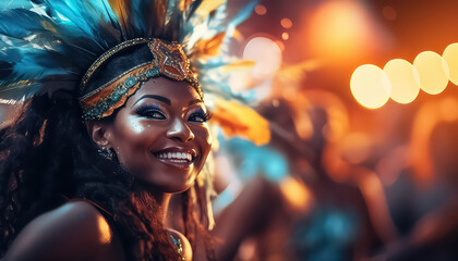 African woman with makeup and feathers on her head at night party ,concept carnival - obrazy, fototapety, plakaty