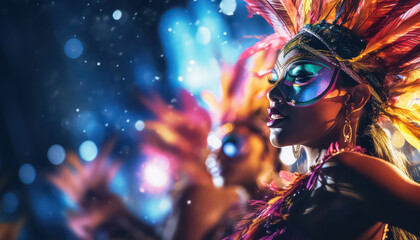 African woman with makeup and feathers on her head at night party ,concept carnival - obrazy, fototapety, plakaty