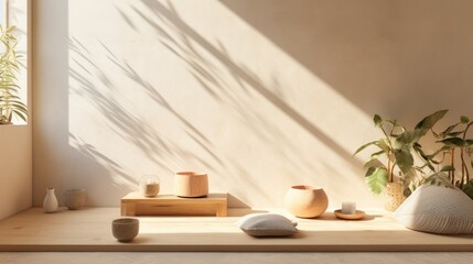 Minimalist Zen corner with natural sunlight casting shadows on a warm beige wall, accompanied by wooden bowls, a candle, and green potted plants.