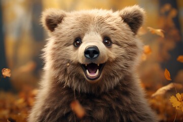  a close up of a teddy bear in a field of leaves with its mouth open and it's mouth wide open.
