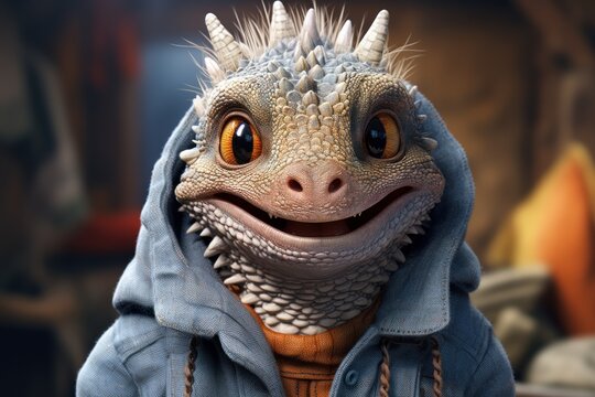  a close up of a lizard wearing a blue jacket and hoodie with a smile on it's face.