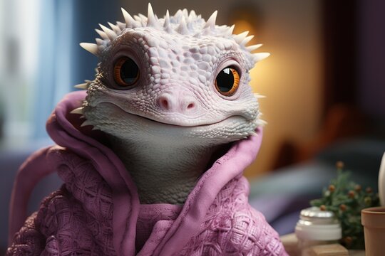 a close up of a stuffed animal lizard wearing a pink hoodie with spikes on it's head and a cactus in the background.