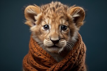  a close up of a small lion cub wearing a scarf and looking at the camera with a serious look on his face.