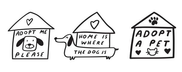 Obraz premium Set of hand drawn badges about pets adoption. Vector illustrations on white background.