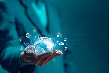 hand shows the globe. concept of global internet connection big data digital link technology, and business digital marketing. internet banking, Financial, business tech international market
