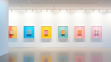 Modern art gallery with brightly lit white space showcasing a series of colorful geometric paintings on individual backlit alcoves.