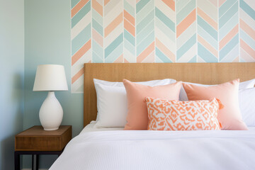 A guest bedroom with iridescent pillows and a bright blue chevron wall.