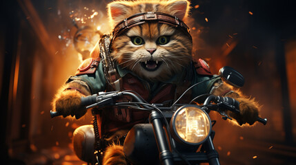 Cat riding a motorbike.
