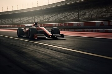 Asphalt of an international race track with a racing car at the start. Racer on a racing car passes the track.