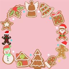 set of christmas elements, christmas gingerbread frame on pink background