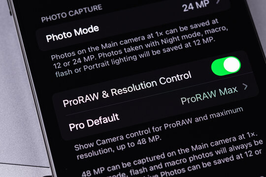 iPhone 15 Pro Max with Camera settings Apple ProRAW Max on a display. Apple is a multinational technology company. Batumi, Georgia - November 5, 2023