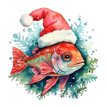 Generative AI, cute aquarium fish animal, pet in red Christmas hat, watercolor style.