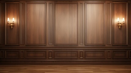 Classic premium luxury wood paneling wall background or texture. Highly crafted traditional wood paneling wall and floor, with a frame and column pattern
