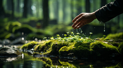 Hand touching green moss in forest.