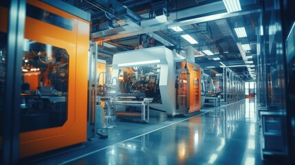 A modern factory with CNC milling machines. A bright ultra clean organized production factory or plant. DX, industry 4. 0 concept - obrazy, fototapety, plakaty