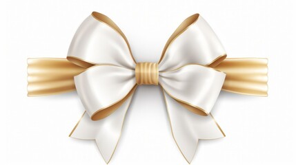 white ribbon and bow with gold isolated against white background
