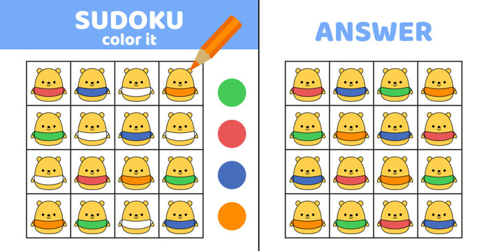 Sudoku. Yellow bear. Coloring sudoku with cute bear. Squishmallow. Cartoon