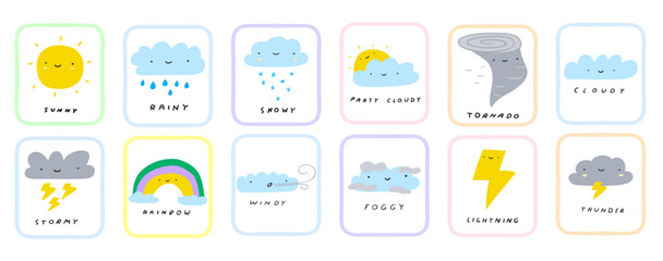 Set of weather forecast icons. Sunny, rainy, snowy, cloudy, tornado, stormy, rainbow, windy foggy, lightning, thunder. Cards for learning. Kids education concept. Vector hand drawn illustrations. - obrazy, fototapety, plakaty